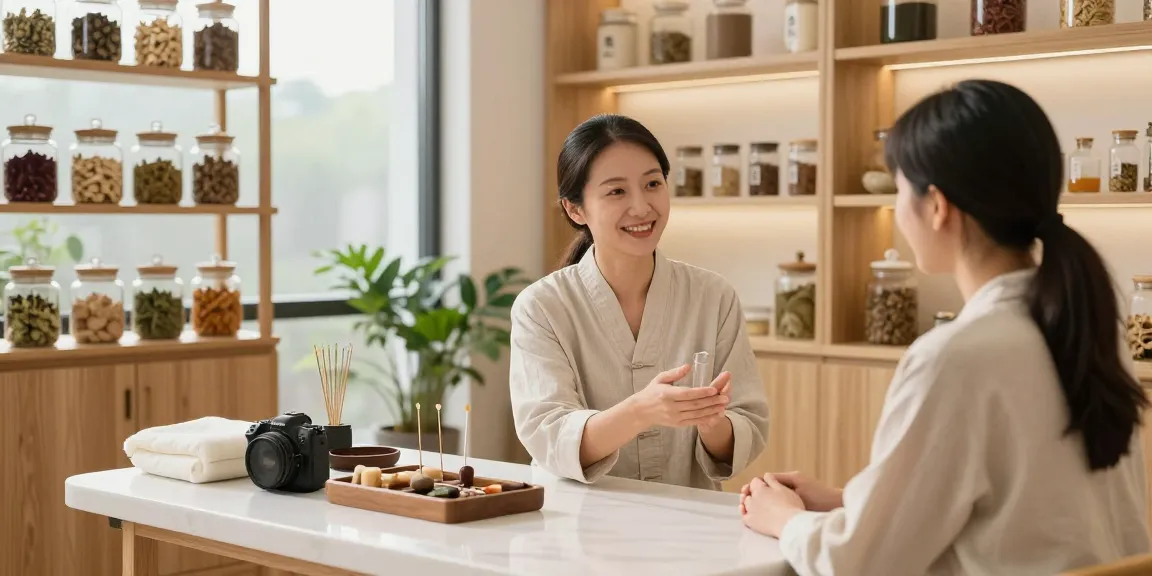 Welcoming scene at 영통한의원 showcasing a practitioner consulting a patient in a serene herbal medicine environment.