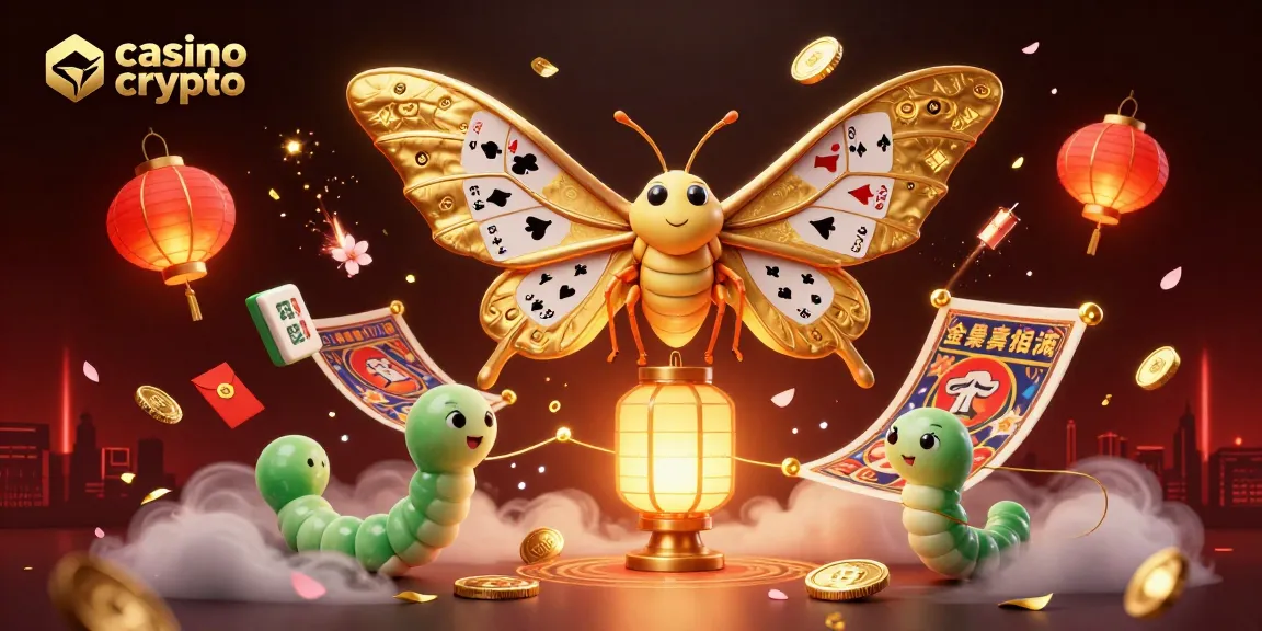 Scopri un vivace casino crypto con farfalla 3D e simboli delle criptovalute che volano tra lusso e gioco.