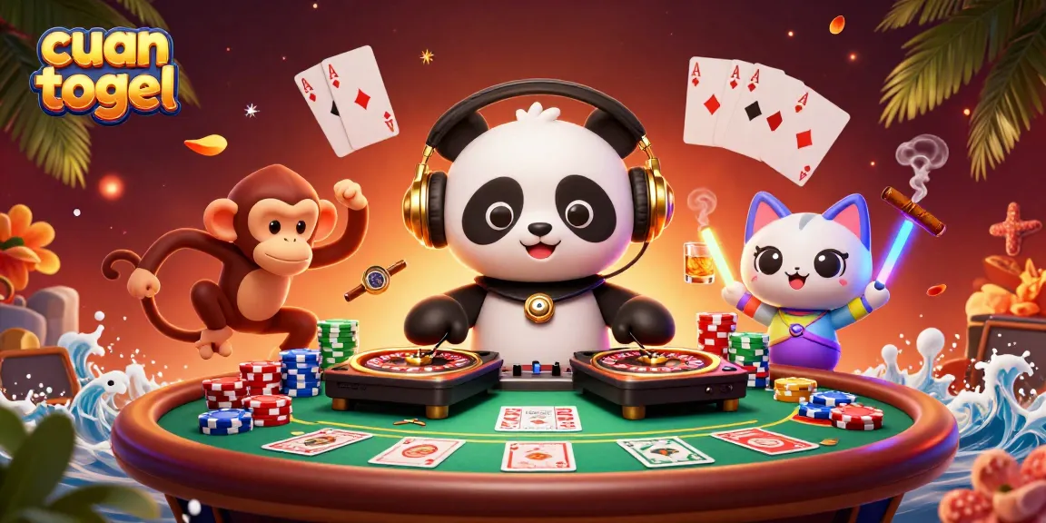 Experience cuan togel excitement with animated characters in a vibrant, casino-themed illustration.