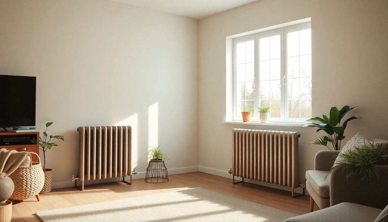 Heizkörper in einem modernen Wohnraum, der gemütliche Atmosphäre und Effizienz ausstrahlt.