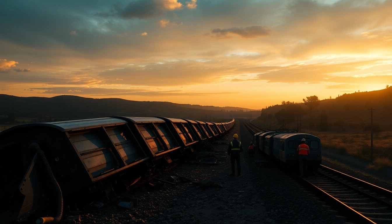 Spain train crash wreckage with emergency services at the scene, illustrating aftermath.