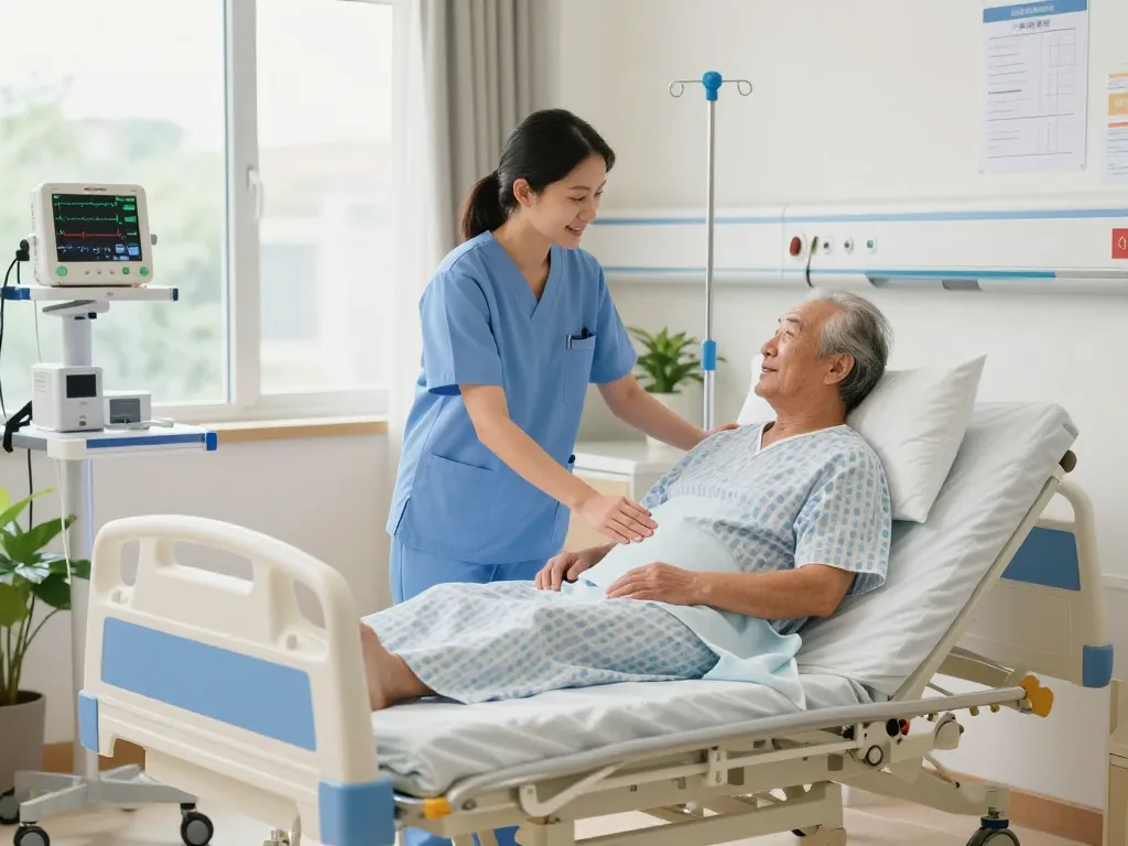 Professional caregiver adjusting giường bệnh nhân for elderly patient in a bright healthcare room.