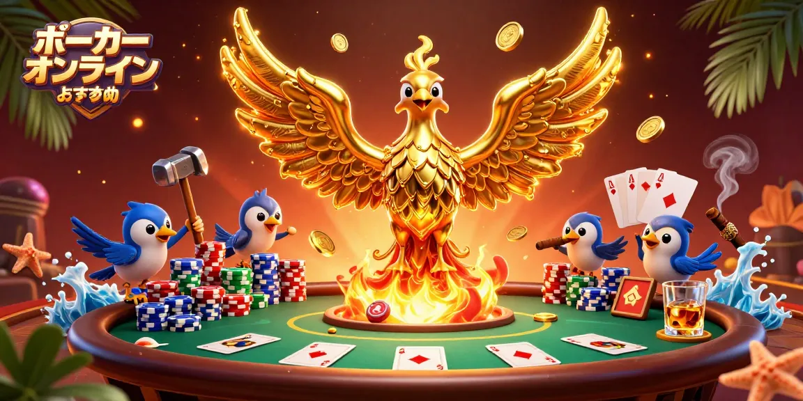 ポーカー オンライン おすすめで勝利のチャンスを掴む、黄金のフェニックスとスパローのキャラクターが描かれたダイナミックなイラスト