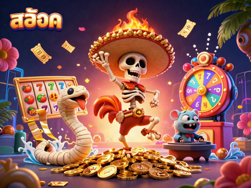 Engage in exciting สล็อต gameplay with animated characters winning on slots and vibrant casino elements.