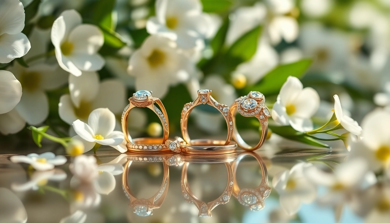 Adorned promise rings resting on floral accents, radiating elegance and commitment.