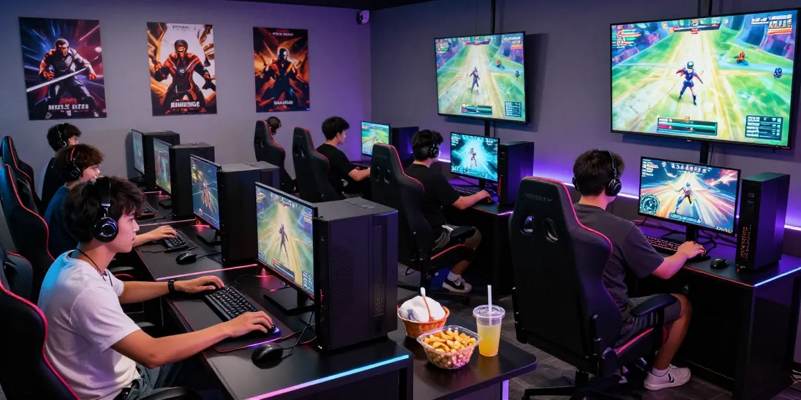 Dynamic gaming lounge with engaged gamers enjoying rokok88 multiplayer experiences and modern setups.