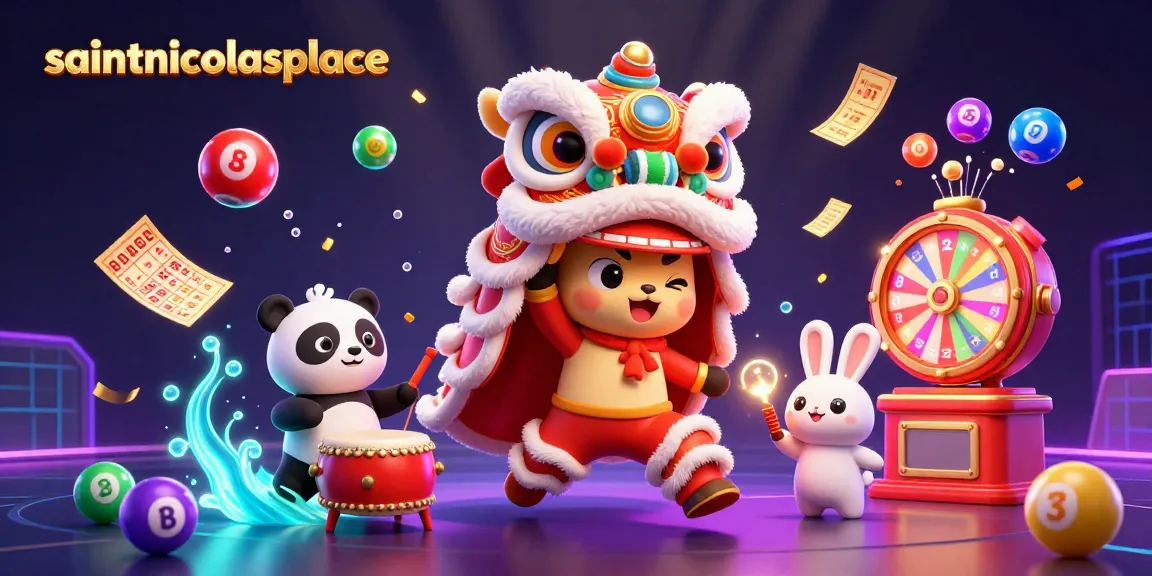 Experience the excitement of saintnicolasplace with a vibrant 3D casino scene featuring a lion dance, lottery balls, and more.