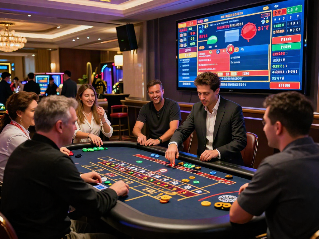 situs live casino gaming experience with diverse players engaged around a roulette table