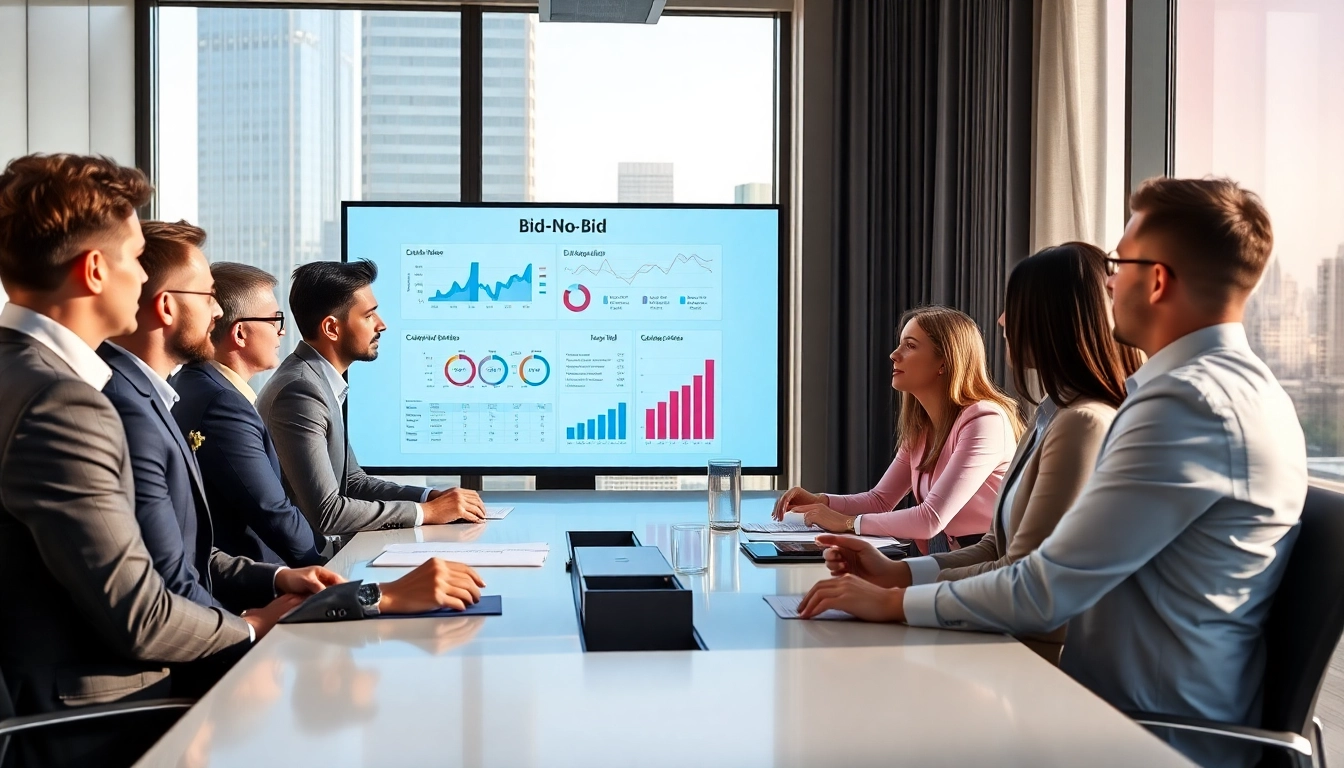 Engaging session discussing Bid-No-Bid Analysis with diverse professionals in a modern office.