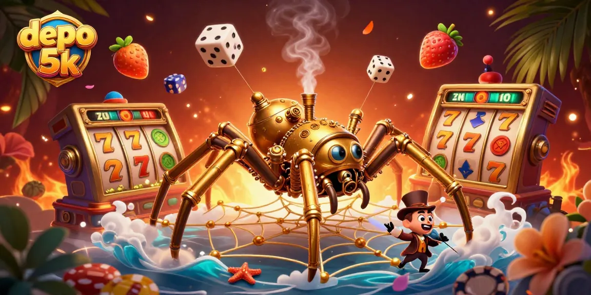 Experience thrilling gameplay with depo 5k, featuring a dynamic scene of a golden spider and fly gentleman amidst swirling slot reels and lucky symbols.