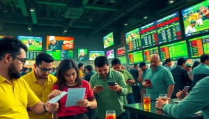 Engaged bettors exploring sports betting Mexico in a vibrant sportsbook atmosphere.
