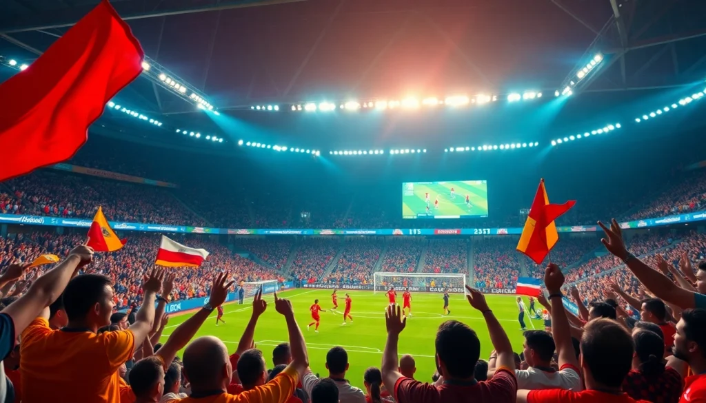 축구중계에 열광하는 팬들의 모습과 스릴 넘치는 경기 장면을 담은 사진