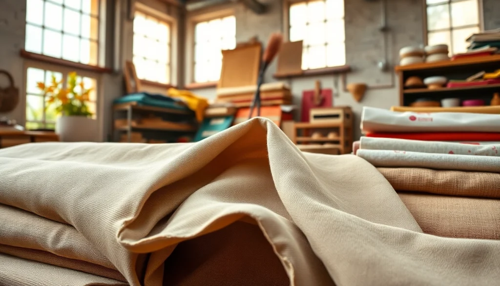 Canvas stof details in een artistieke werkplaats met vrolijke kleuren en texturen.