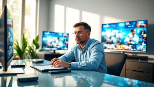 Showcase iron tv content creation with a focused professional at a modern workspace