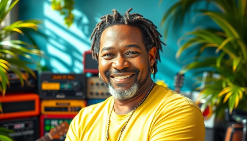 Leroy Silver showcasing his vibrant personality amidst reggae music elements in a lively setting.