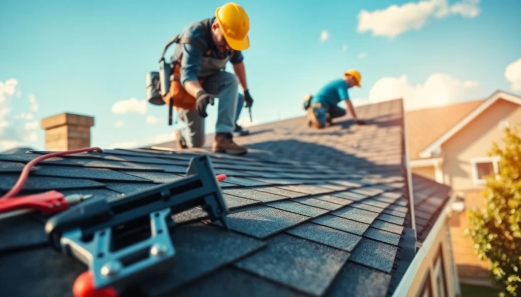 Professional roofing services with skilled workers installing shingles on a home.