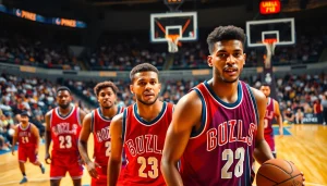 nba중계에서 경기 중인 선수들이 역동적인 움직임을 보이는 장면