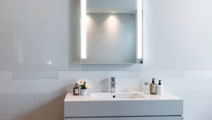 Miroir LED élégant sirhona France dans une salle de bain moderne avec éclairage ajustable.