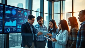 Showcasing technology integration in a modern office environment with diverse team members collaborating.