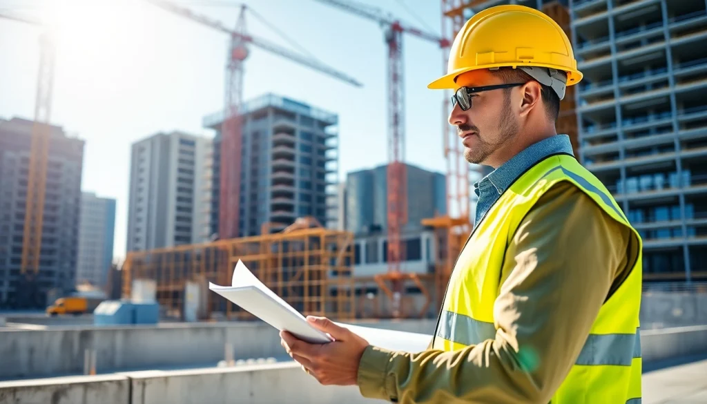 Manhattan Construction Manager assessing plans at a busy construction site, ensuring project efficiency.