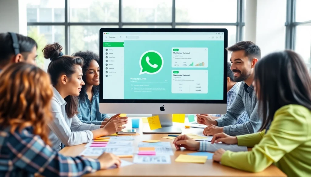 Engaged team collaborating on WhatsApp Business CRM interface in a bright office setting.