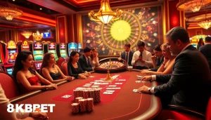 Players enjoying a vibrant casino atmosphere at 8KBET with poker chips and a roulette wheel.