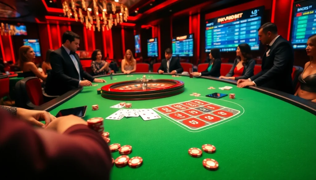 Engaging gamblers at a luxurious casino table with ink vao 12bet displayed on digital screens.