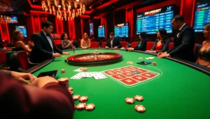 Engaging gamblers at a luxurious casino table with ink vao 12bet displayed on digital screens.