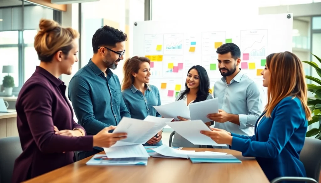 Engaging business team analyzing a bid-no-bid analysis in a modern office environment.