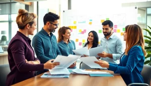 Engaging business team analyzing a bid-no-bid analysis in a modern office environment.