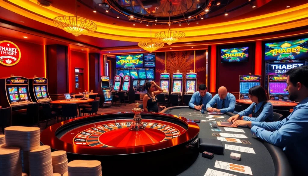 Engaging gamblers at THABET casino with vibrant roulette and poker tables.