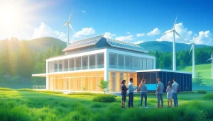Engaging professionals analyzing dogecoin cloud mining earnings at a modern renewable energy mining facility.