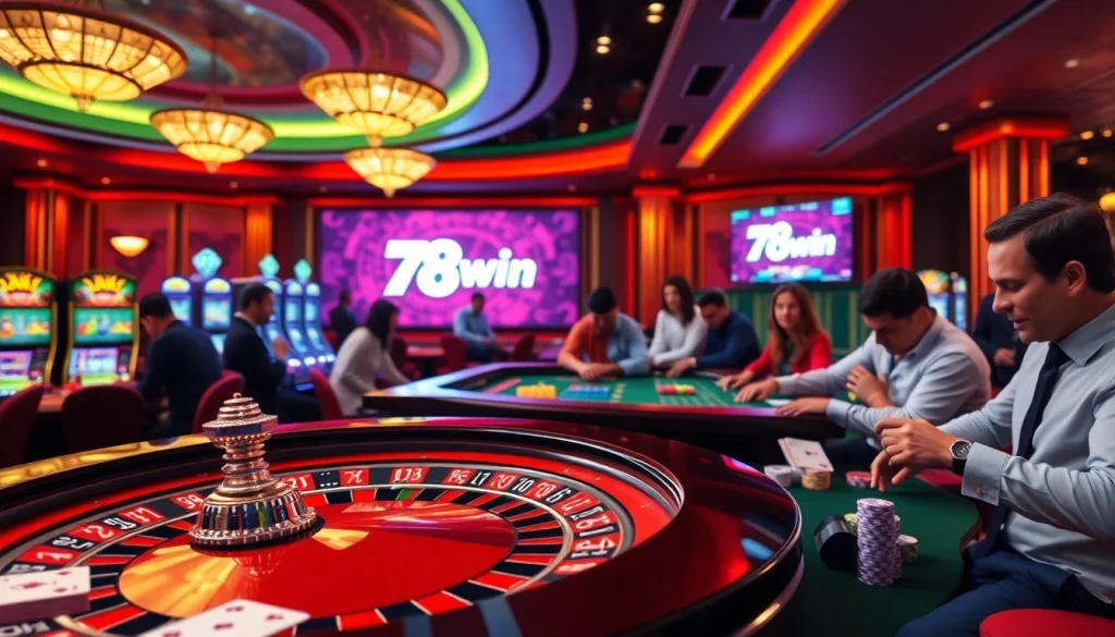 Experience the thrill of 78win with engaging gaming elements at a lively casino table.