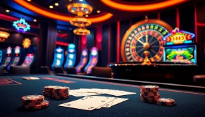 Engaging casino experience with 88clb poker table, roulette wheel, and vibrant slot machines.