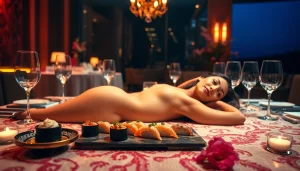 Body sushi experience at Club Noir featuring a model with sushi artfully arranged on her body, creating a luxurious atmosphere.