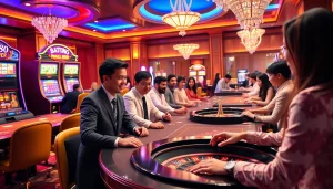 Babu88 casino scene with players at tables, vibrant slot machines, and thrilling atmosphere