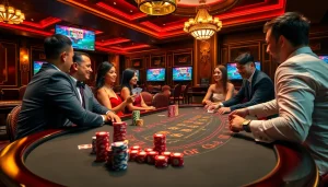 Engaged blackjack players at a luxurious casino table inspired by https://jun88buzz.info/ for a thrilling gambling experience.