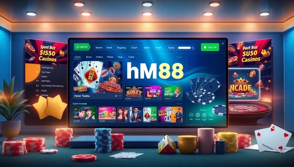 Engaging digital casino atmosphere showcasing nhà cái hm88 with sports betting, slot games, and user-friendly interface.