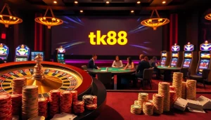 Enjoying a thrilling game at tk88 casino with poker chips and vibrant roulette wheels.