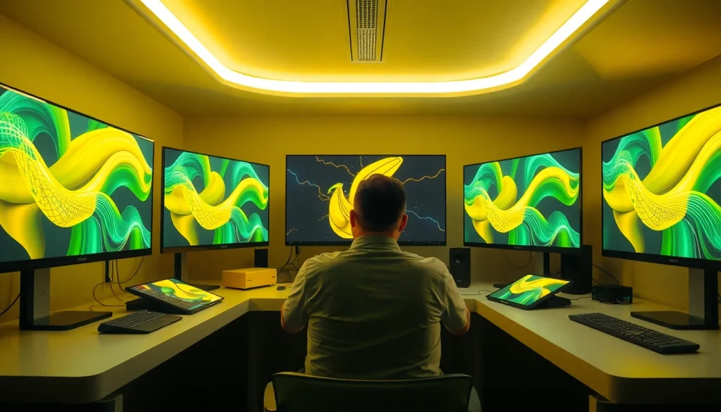 Experience the power of nano banana 2 in a futuristic workspace generating stunning visuals.