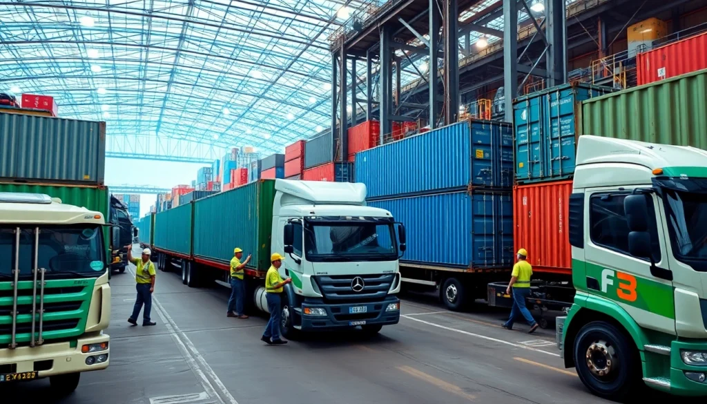 Logistics professionals organizing shipments in a bustling logistics hub with cargo containers.