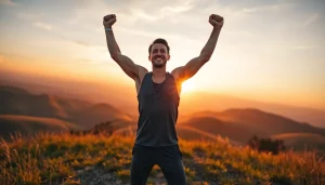Person celebrating a fitness milestone to overcome weight loss plateau in a beautiful sunset.