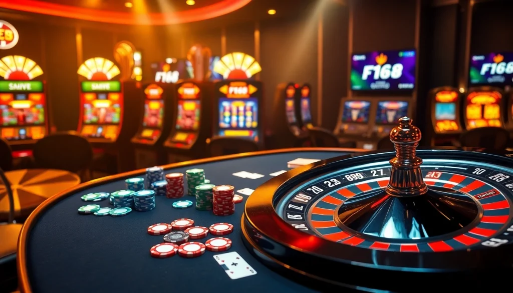 Experience the thrill of F168's casino games with vibrant poker chips and a spinning roulette wheel.