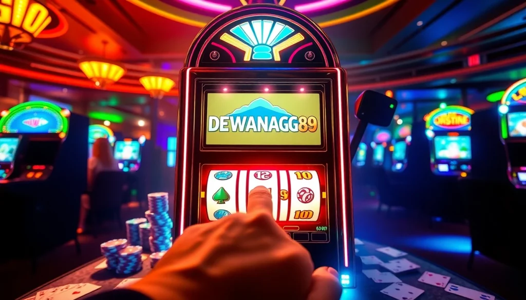 Kegembiraan login slot DEWANAGA89 dengan suasana kasino yang hidup dan meriah, menampilkan mesin slot serta permainan.