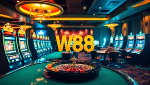Engaging players in a vibrant online casino environment with W88 link integration, featuring poker chips and slot machines.
