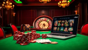 Experience an exciting casino atmosphere with F8bet's vibrant poker table and roulette wheel.