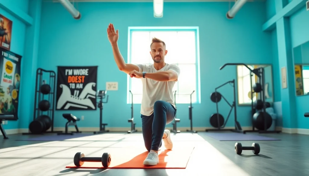 Coach demonstrating exercises to break through a weight loss plateau in a bright gym.