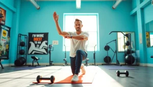 Coach demonstrating exercises to break through a weight loss plateau in a bright gym.