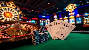 Experience the thrill of 23win at a luxurious casino with vibrant roulette and slot machines.