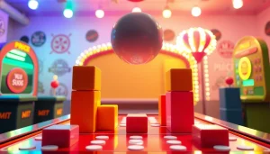 Permainan demo plinko menampilkan bola yang siap jatuh pada blok berwarna-warni.